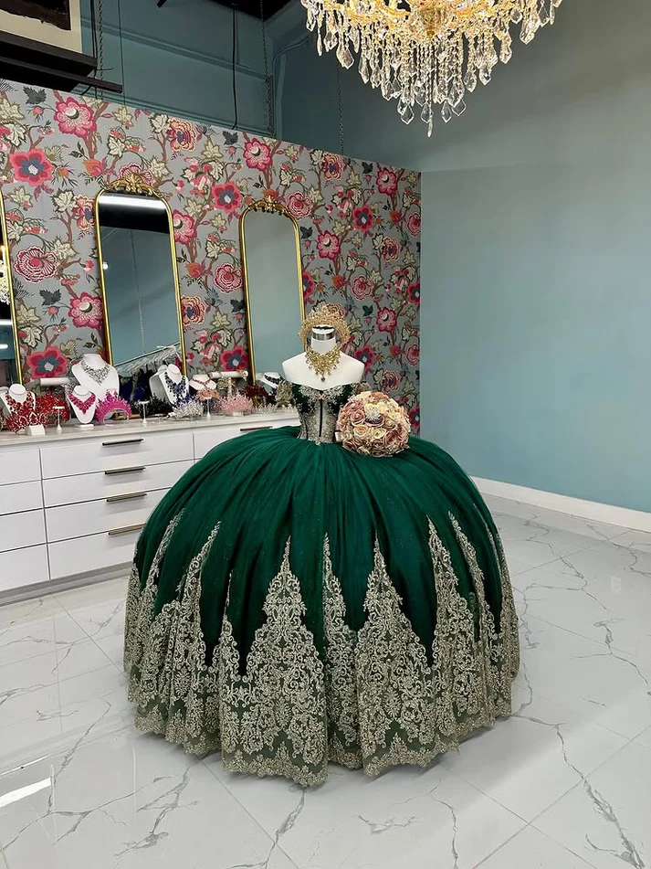 Off Shoulder Sleeveless Beaded Gold Appliques Dark Green Sweet 15 Quinceañera Dress