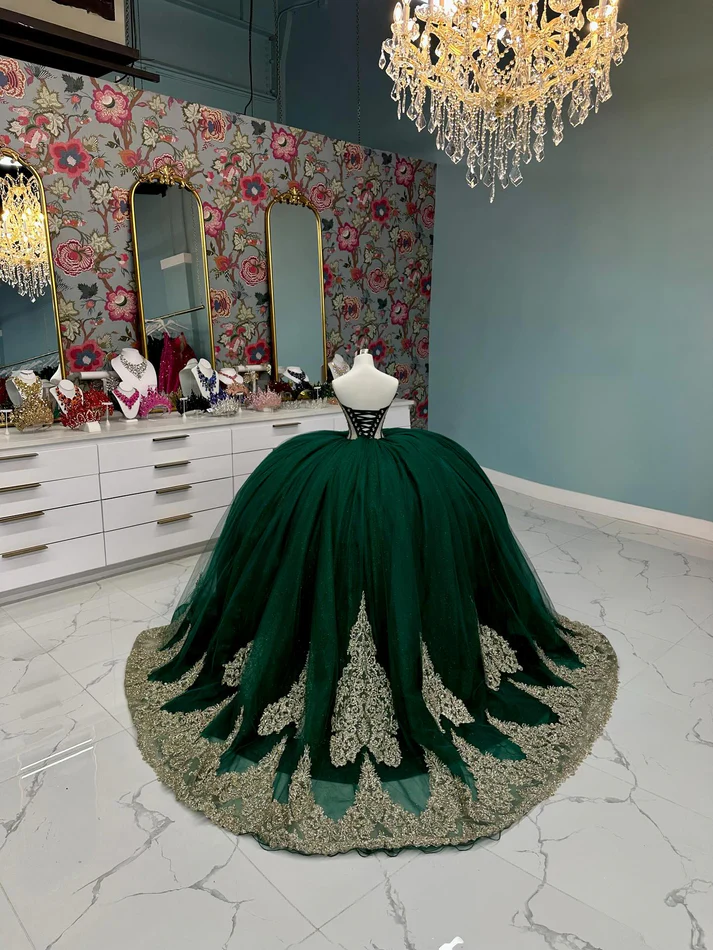 Off Shoulder Sleeveless Beaded Gold Appliques Dark Green Sweet 15 Quinceañera Dress