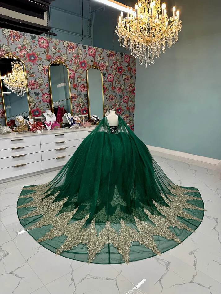 Off Shoulder Sleeveless Beaded Gold Appliques Dark Green Sweet 15 Quinceañera Dress