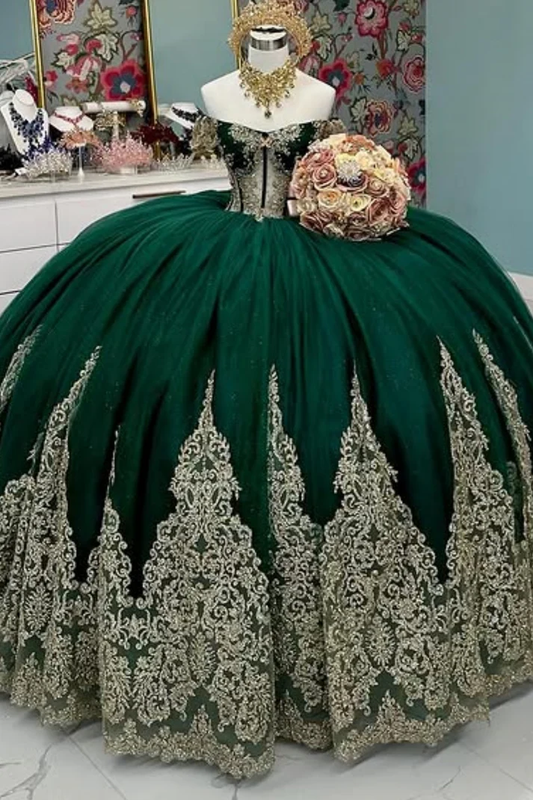 Off Shoulder Sleeveless Beaded Gold Appliques Dark Green Sweet 15 Quinceañera Dress
