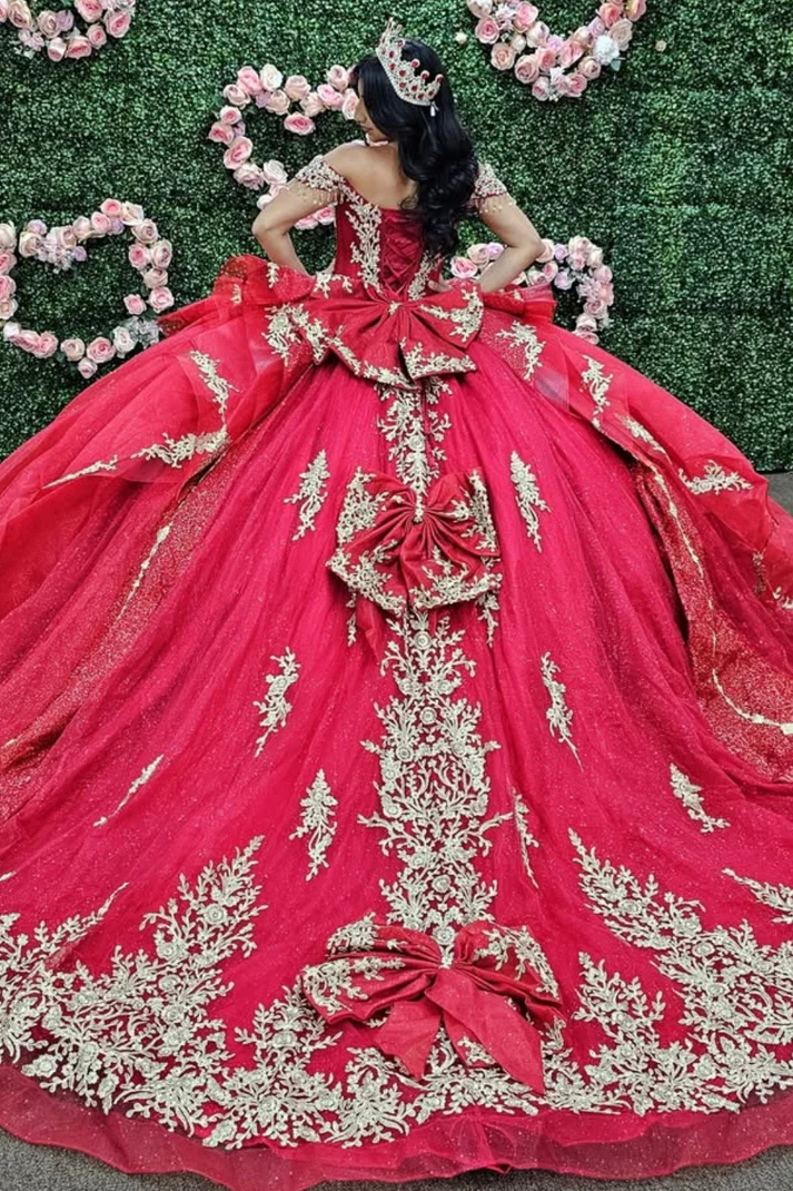 Off Shoulder Sleeveless Beaded Gold Appliques Ruffles Bow Knot Red Sweet 15 Quinceañera Dress