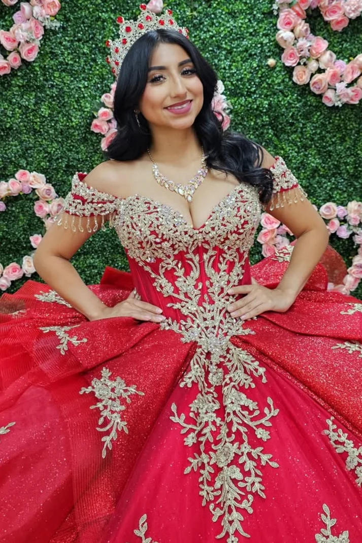 Off Shoulder Sleeveless Beaded Gold Appliques Ruffles Bow Knot Red Sweet 15 Quinceañera Dress