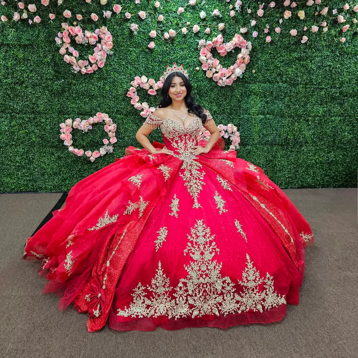 Off Shoulder Sleeveless Beaded Gold Appliques Ruffles Bow Knot Red Sweet 15 Quinceañera Dress