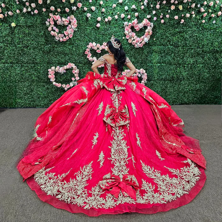 Off Shoulder Sleeveless Beaded Gold Appliques Ruffles Bow Knot Red Sweet 15 Quinceañera Dress