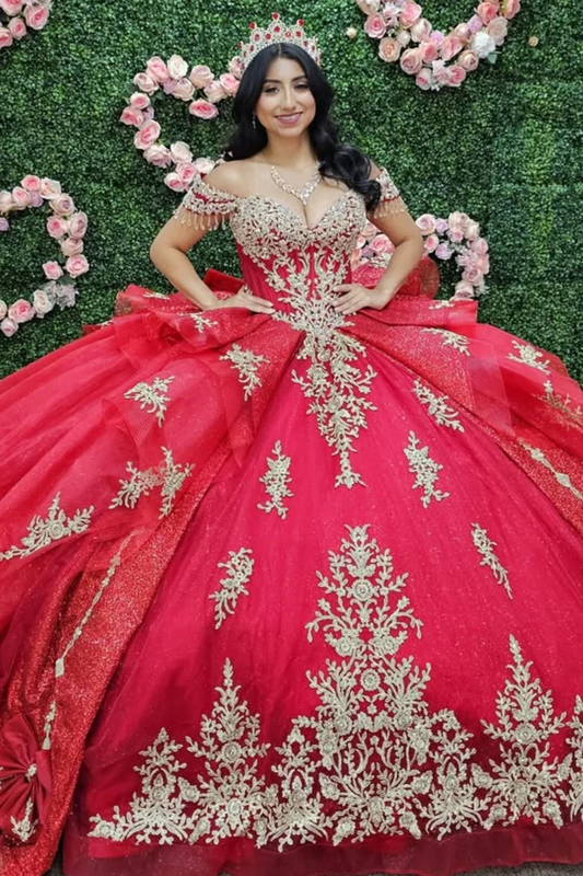 Off Shoulder Sleeveless Beaded Gold Appliques Ruffles Bow Knot Red Sweet 15 Quinceañera Dress