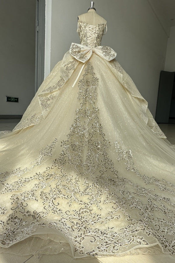 Off Shoulder Sleeveless Beaded Gold Appliques Ruffles Champagne Sweet 16 Quinceañera Dresses
