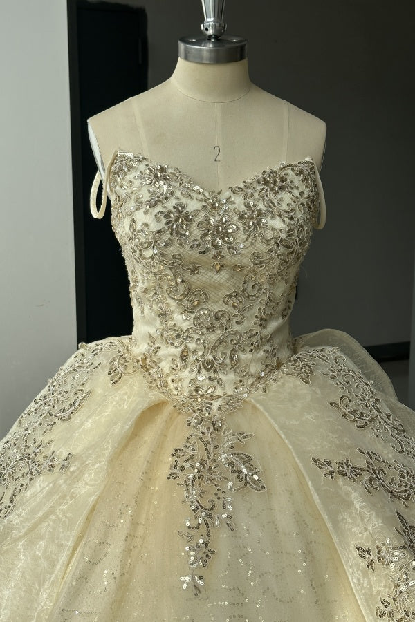 Off Shoulder Sleeveless Beaded Gold Appliques Ruffles Champagne Sweet 16 Quinceañera Dresses