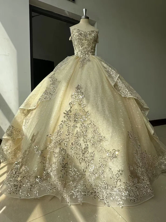 Off Shoulder Sleeveless Beaded Gold Appliques Ruffles Champagne Sweet 16 Quinceañera Dresses