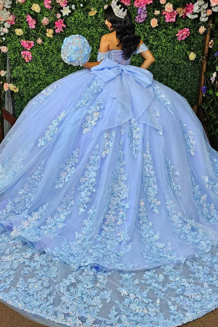 Off Shoulder Sleeveless Beaded Sequins Appliques Bow Knot Blue Sweet 15 Quinceañera Dress