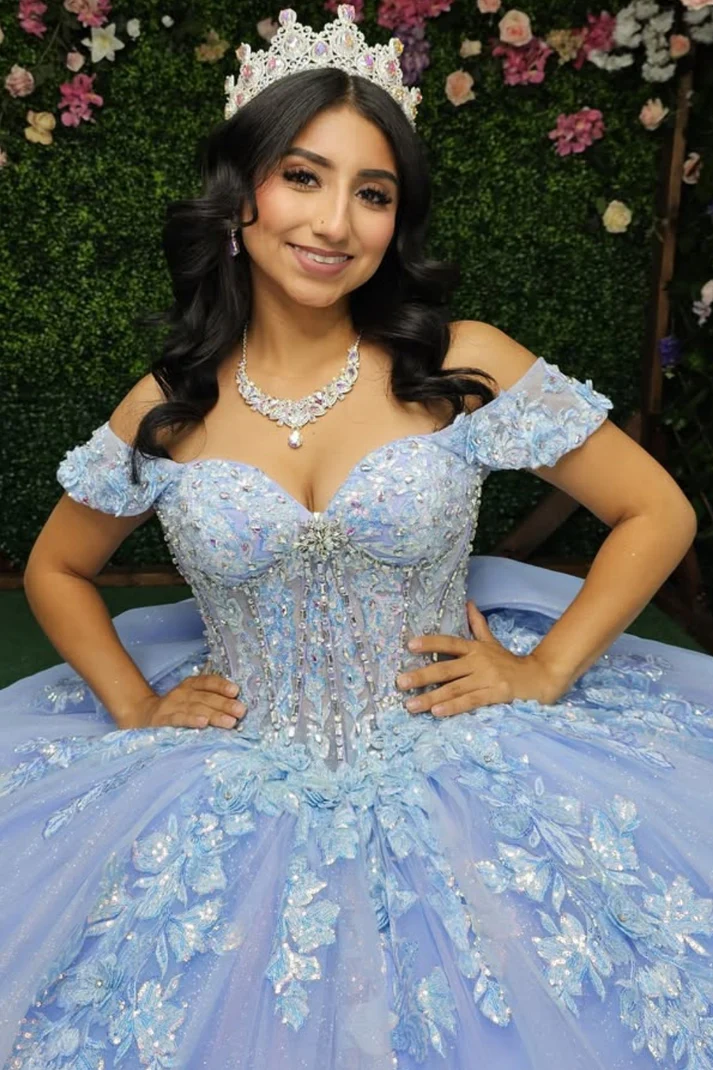 Off Shoulder Sleeveless Beaded Sequins Appliques Bow Knot Blue Sweet 15 Quinceañera Dress