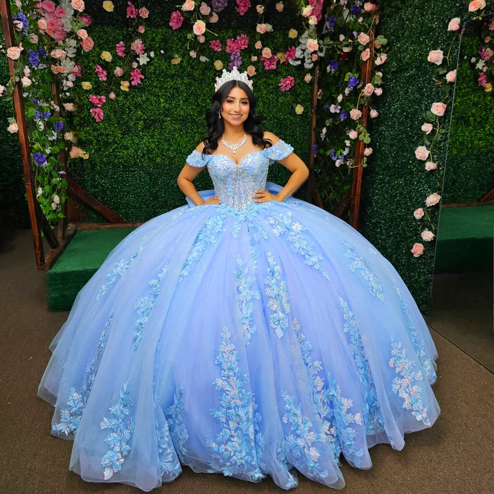Off Shoulder Sleeveless Beaded Sequins Appliques Bow Knot Blue Sweet 15 Quinceañera Dress
