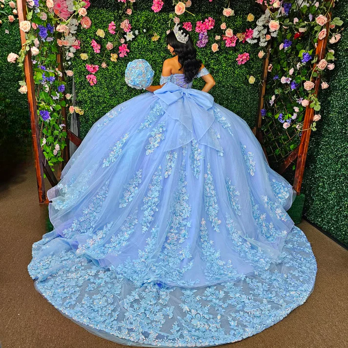 Off Shoulder Sleeveless Beaded Sequins Appliques Bow Knot Blue Sweet 15 Quinceañera Dress