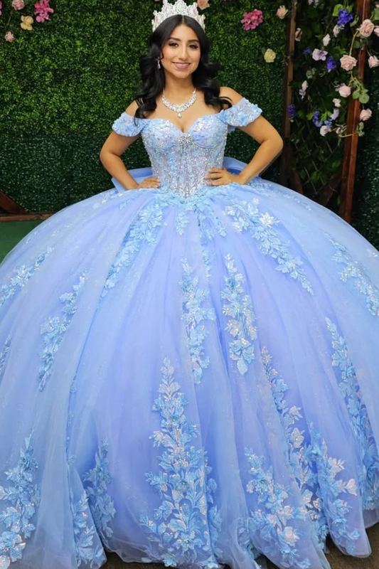 Off Shoulder Sleeveless Beaded Sequins Appliques Bow Knot Blue Sweet 15 Quinceañera Dress