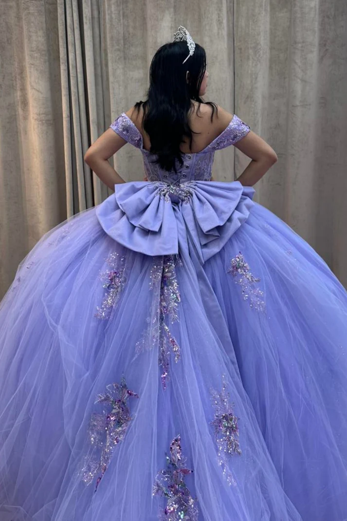 Off Shoulder Sleeveless Beaded Sequins Appliques Bow Knot Lilac Sweet 15 Quinceañera Dress