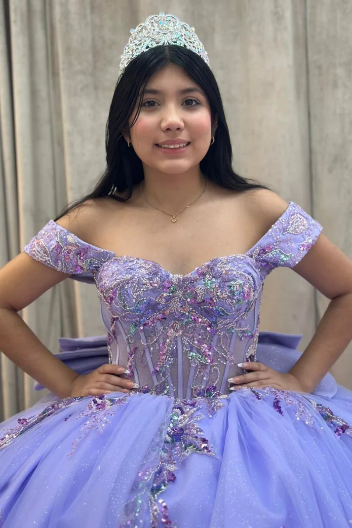 Off Shoulder Sleeveless Beaded Sequins Appliques Bow Knot Lilac Sweet 15 Quinceañera Dress