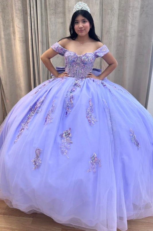 Off Shoulder Sleeveless Beaded Sequins Appliques Bow Knot Lilac Sweet 15 Quinceañera Dress