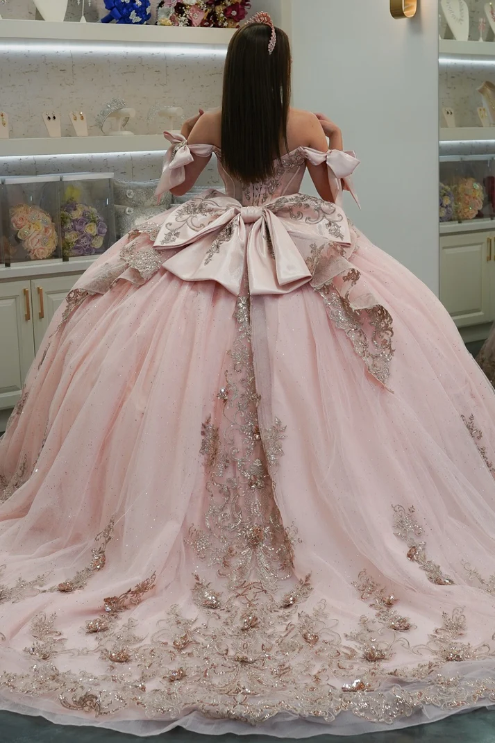 Off Shoulder Sleeveless Beaded Sequins Bow Knot Pink Sweet 15 Quinceañera Dress