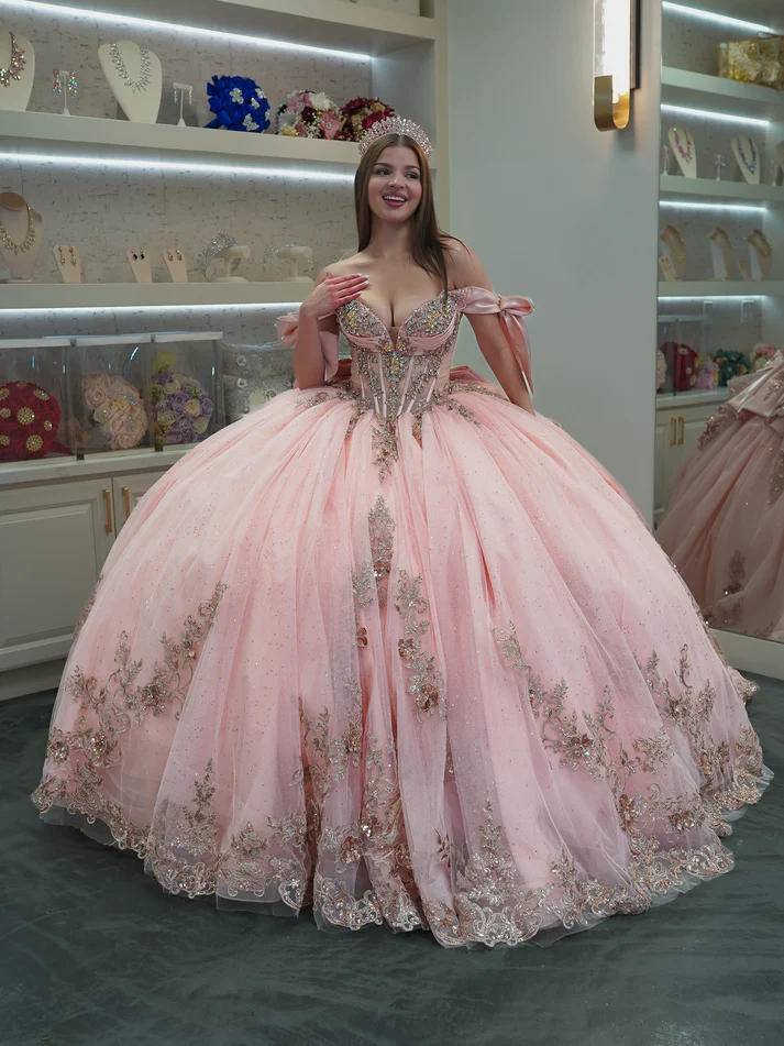 Off Shoulder Sleeveless Beaded Sequins Bow Knot Pink Sweet 15 Quinceañera Dress