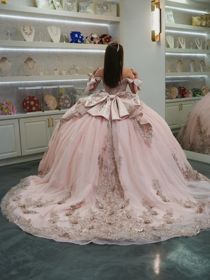Off Shoulder Sleeveless Beaded Sequins Bow Knot Pink Sweet 15 Quinceañera Dress