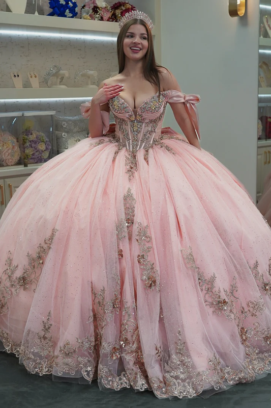 Off Shoulder Sleeveless Beaded Sequins Bow Knot Pink Sweet 15 Quinceañera Dress
