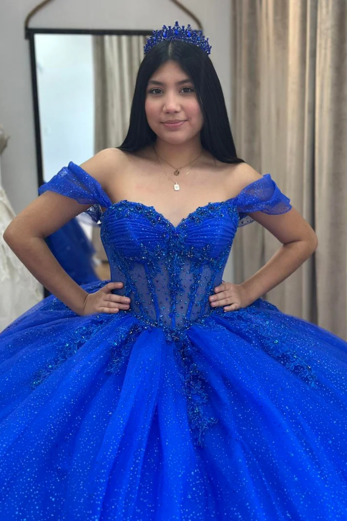 Off Shoulder Sleeveless Beaded Tiered Royal Blue Sweet 15 Quinceañera Dress