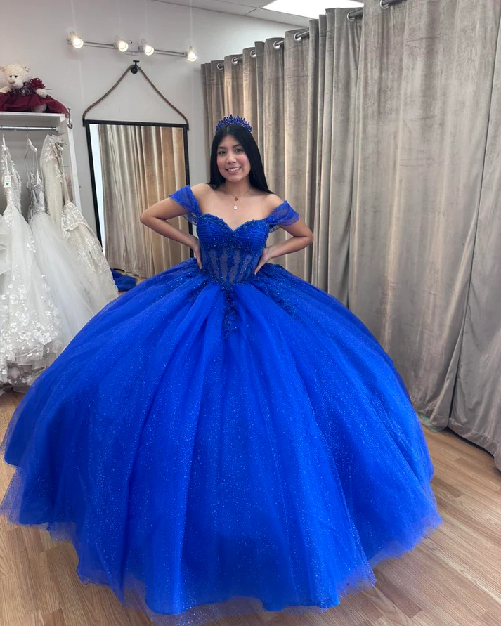 Off Shoulder Sleeveless Beaded Tiered Royal Blue Sweet 15 Quinceañera Dress