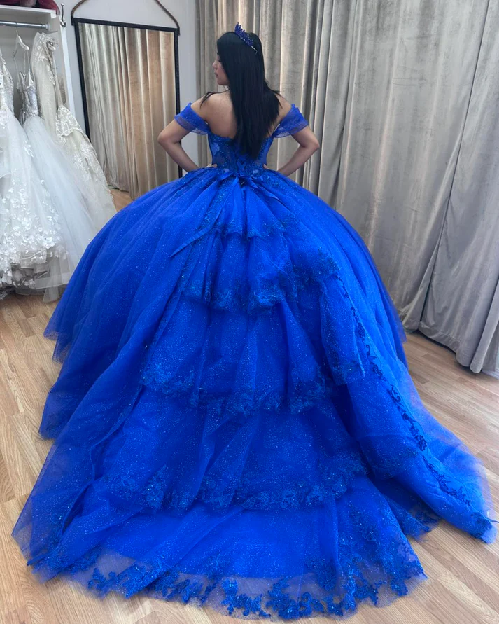 Off Shoulder Sleeveless Beaded Tiered Royal Blue Sweet 15 Quinceañera Dress