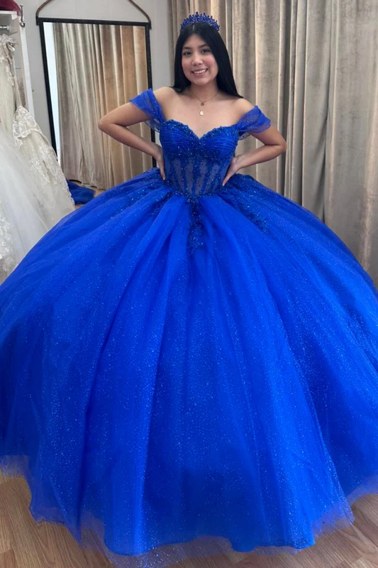 Off Shoulder Sleeveless Beaded Tiered Royal Blue Sweet 15 Quinceañera Dress