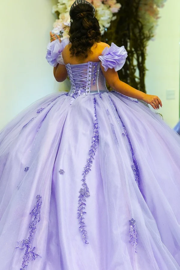 Off Shoulder Sleeveless Ruffles Beaded Appliques Lilac Sweet 16 Quinceañera Dress