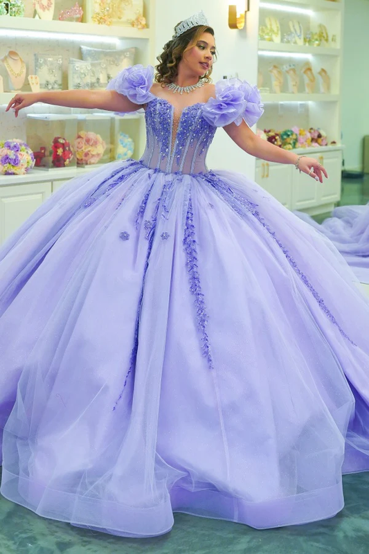 Off Shoulder Sleeveless Ruffles Beaded Appliques Lilac Sweet 16 Quinceañera Dress