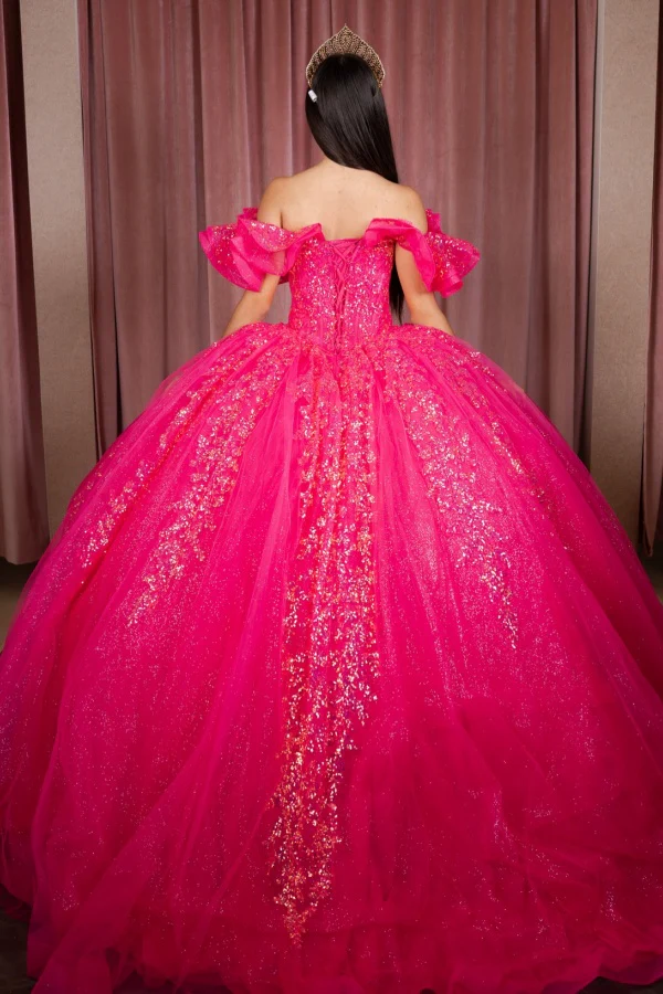 Off Shoulder Sleeveless Ruffles Gold Sequins Appliques Hot Pink Quinceañera Dresses
