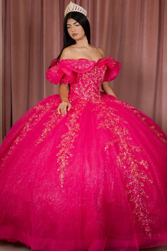 Off Shoulder Sleeveless Ruffles Gold Sequins Appliques Hot Pink Quinceañera Dresses