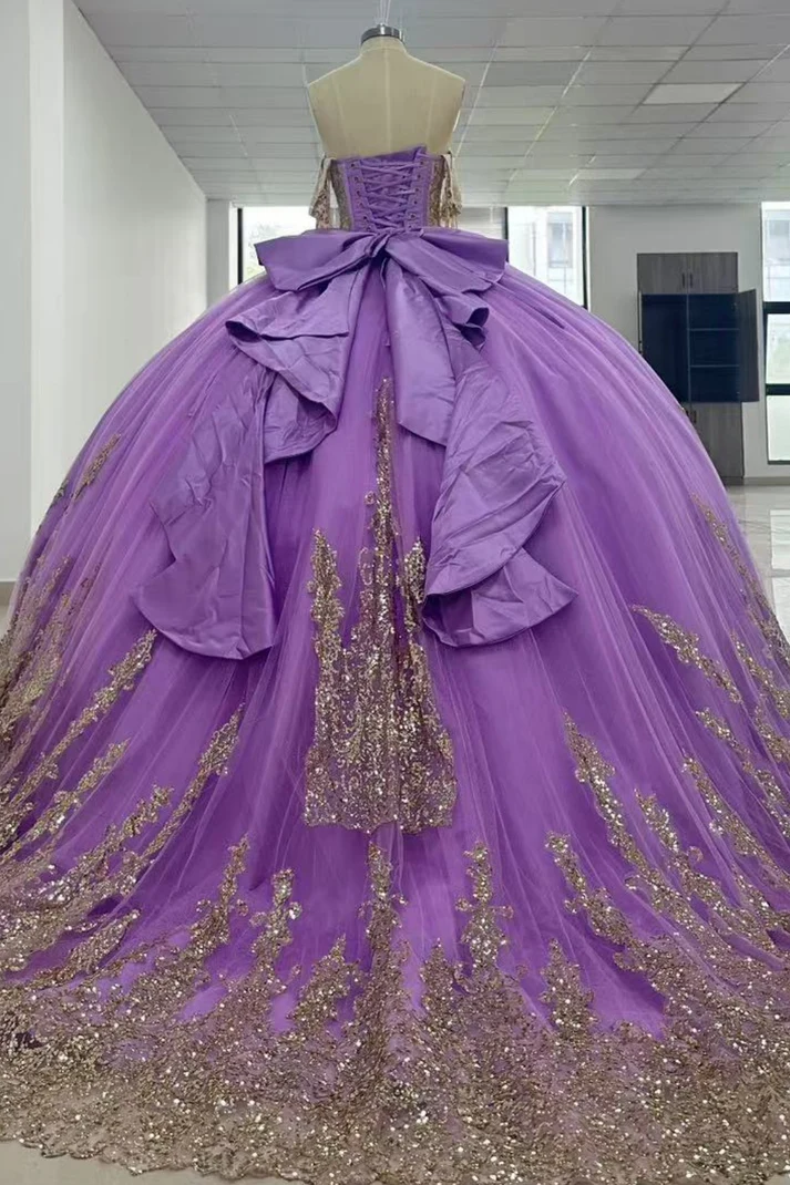 Off Shoulder Sleeveless Sequins Beaded Gold Appliques Bow Knot Purple Quinceañera Dress