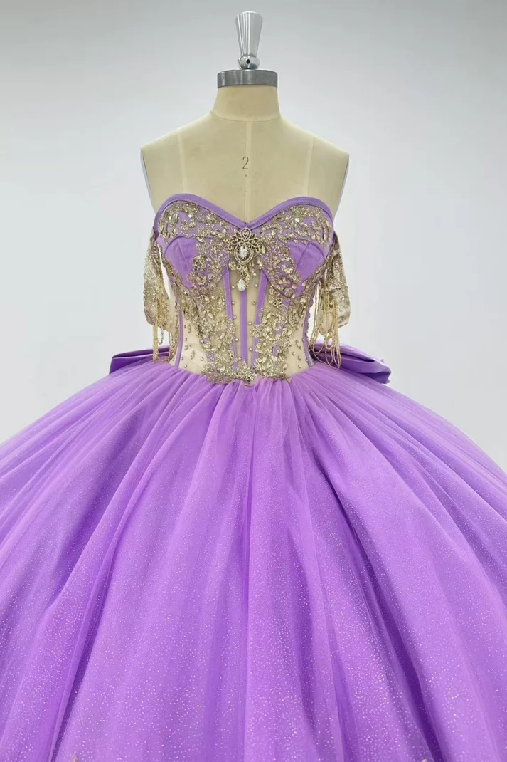 Off Shoulder Sleeveless Sequins Beaded Gold Appliques Bow Knot Purple Quinceañera Dress