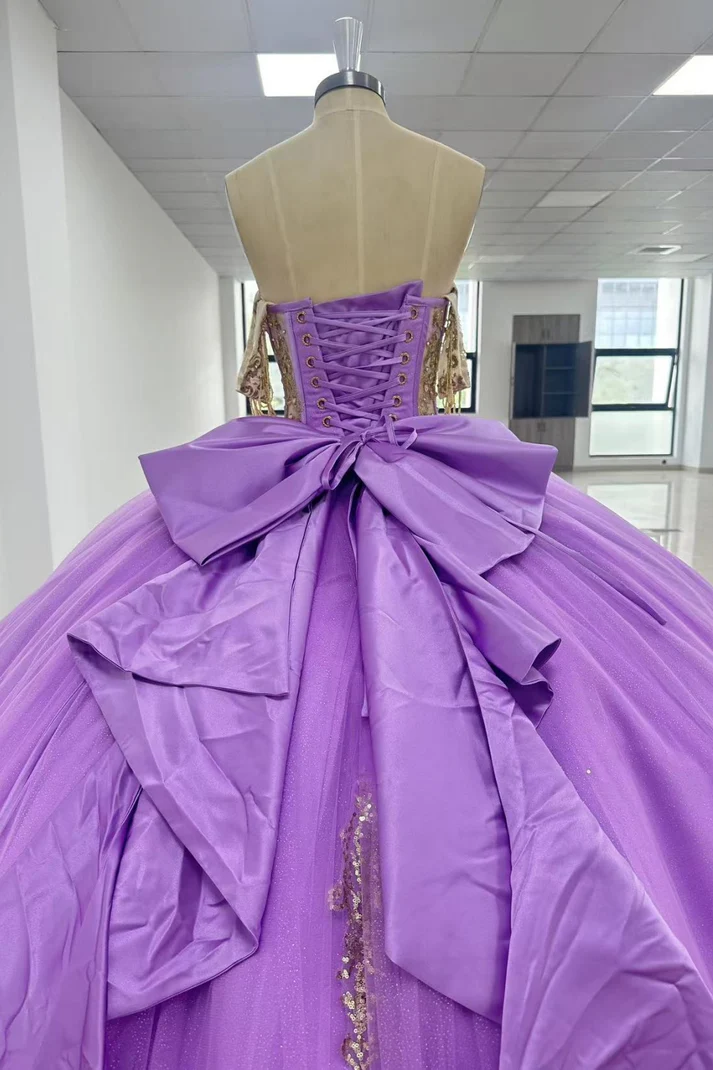 Off Shoulder Sleeveless Sequins Beaded Gold Appliques Bow Knot Purple Quinceañera Dress