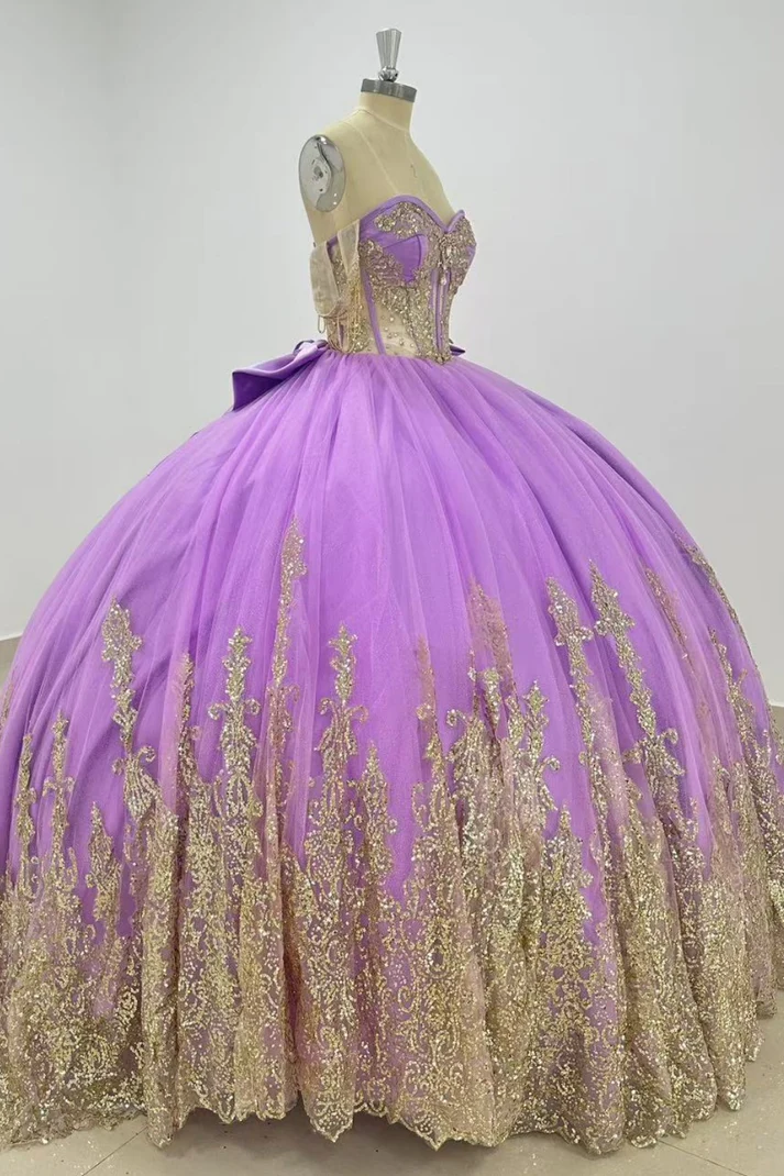 Off Shoulder Sleeveless Sequins Beaded Gold Appliques Bow Knot Purple Quinceañera Dress