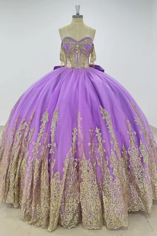 Off Shoulder Sleeveless Sequins Beaded Gold Appliques Bow Knot Purple Quinceañera Dress