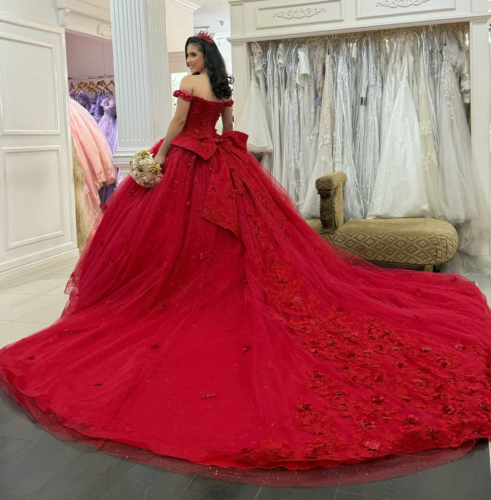 Off Shoulder Tulle 3D Flowers Corset Red Quinceanera Dresses for Sweet 16 Birthday