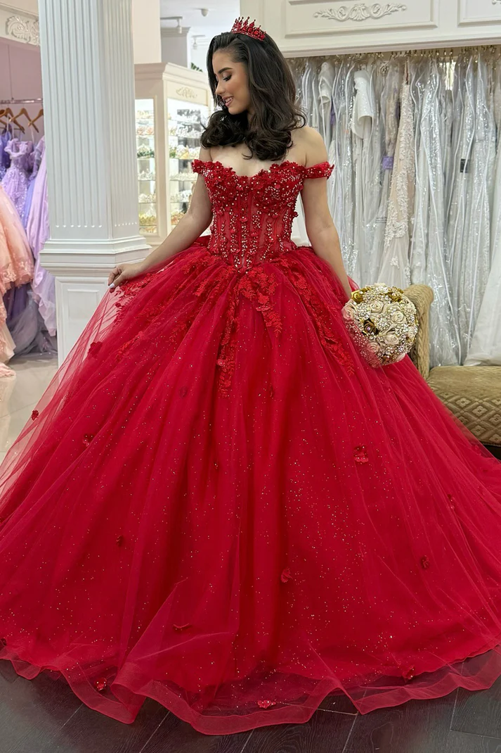 Off Shoulder Tulle 3D Flowers Corset Red Quinceanera Dresses for Sweet 16 Birthday