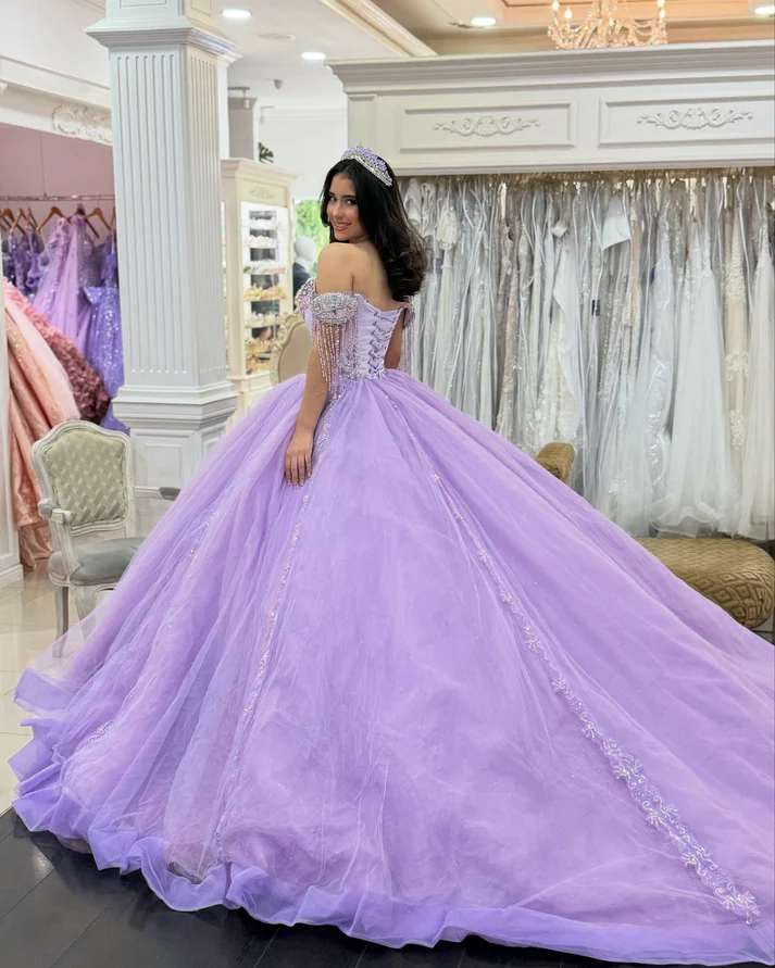 Off Shoulder Tulle Appliqued Beaded Lilac Quinceanera Dresses for Sweet 16