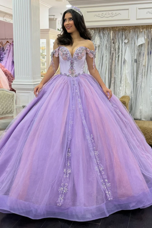 Off Shoulder Tulle Appliqued Beaded Lilac Quinceanera Dresses for Sweet 16