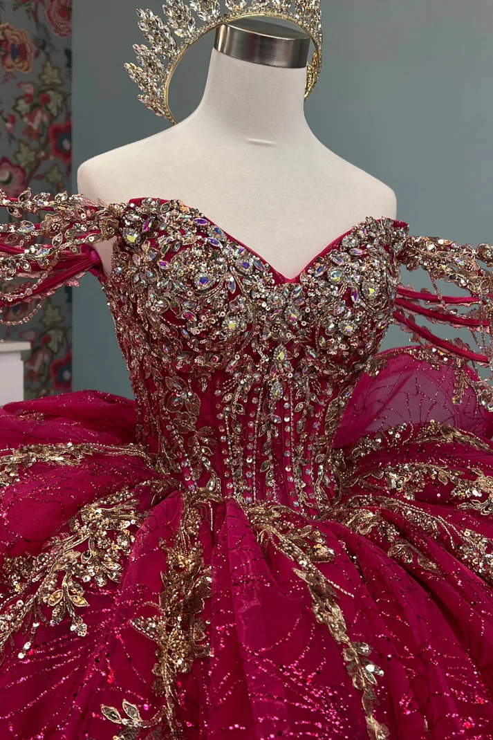 Off Shoulder Sleevekess Beaded Appliques Bow Knot Fuchsia Sweet 15 Quinceañera Dress
