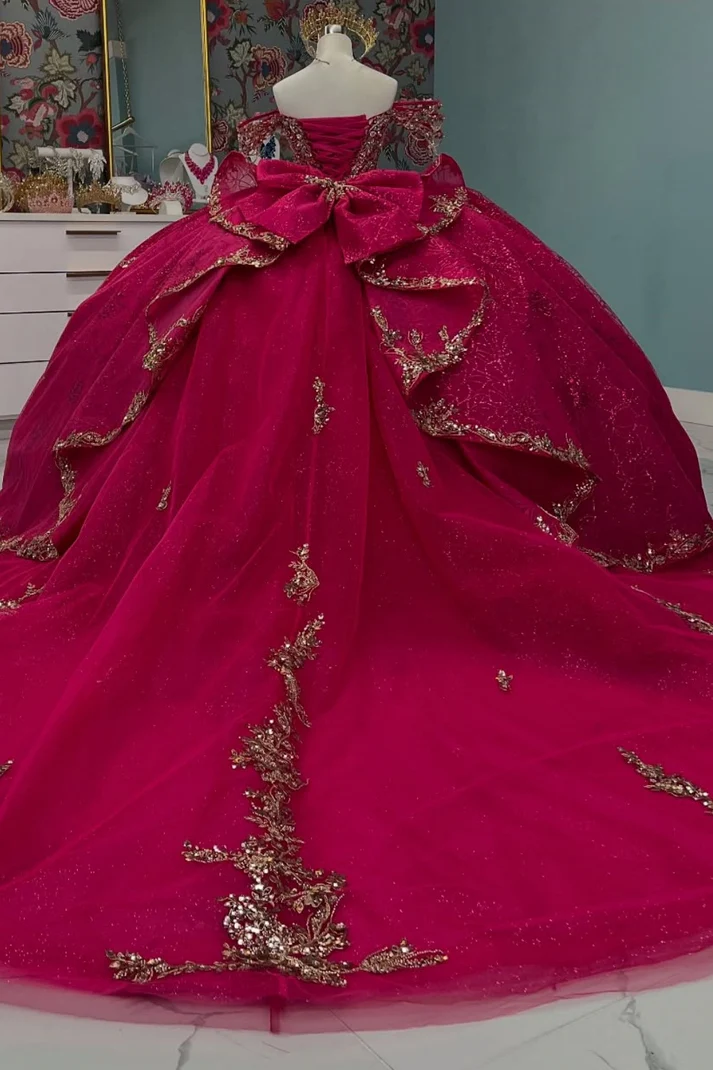 Off Shoulder Sleevekess Beaded Appliques Bow Knot Fuchsia Sweet 15 Quinceañera Dress