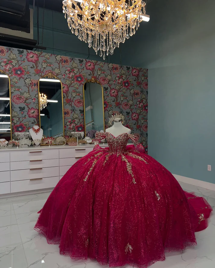 Off Shoulder Sleevekess Beaded Appliques Bow Knot Fuchsia Sweet 15 Quinceañera Dress
