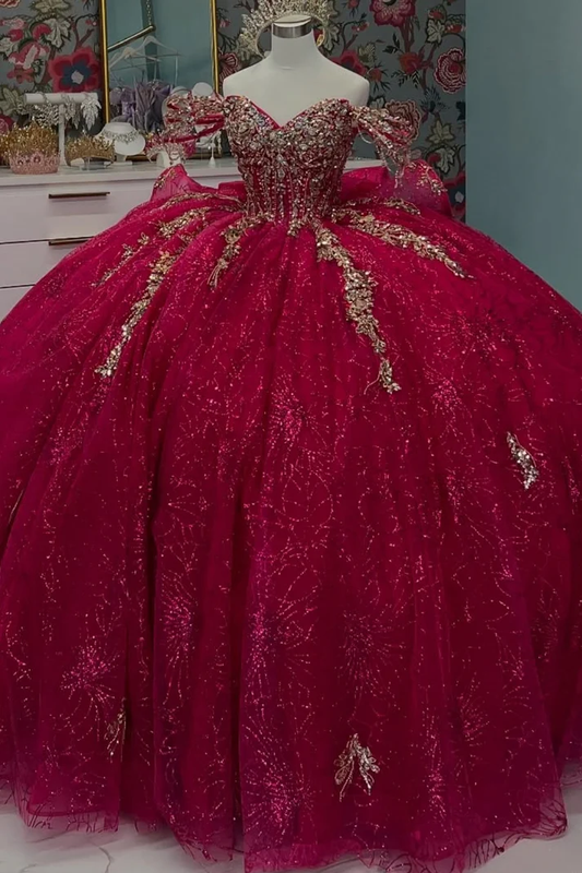 Off Shoulder Sleevekess Beaded Appliques Bow Knot Fuchsia Sweet 15 Quinceañera Dress