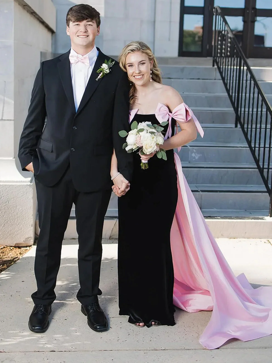 Off the Shoulder Pink Mermaid Long Velvet Prom Dress with Bows