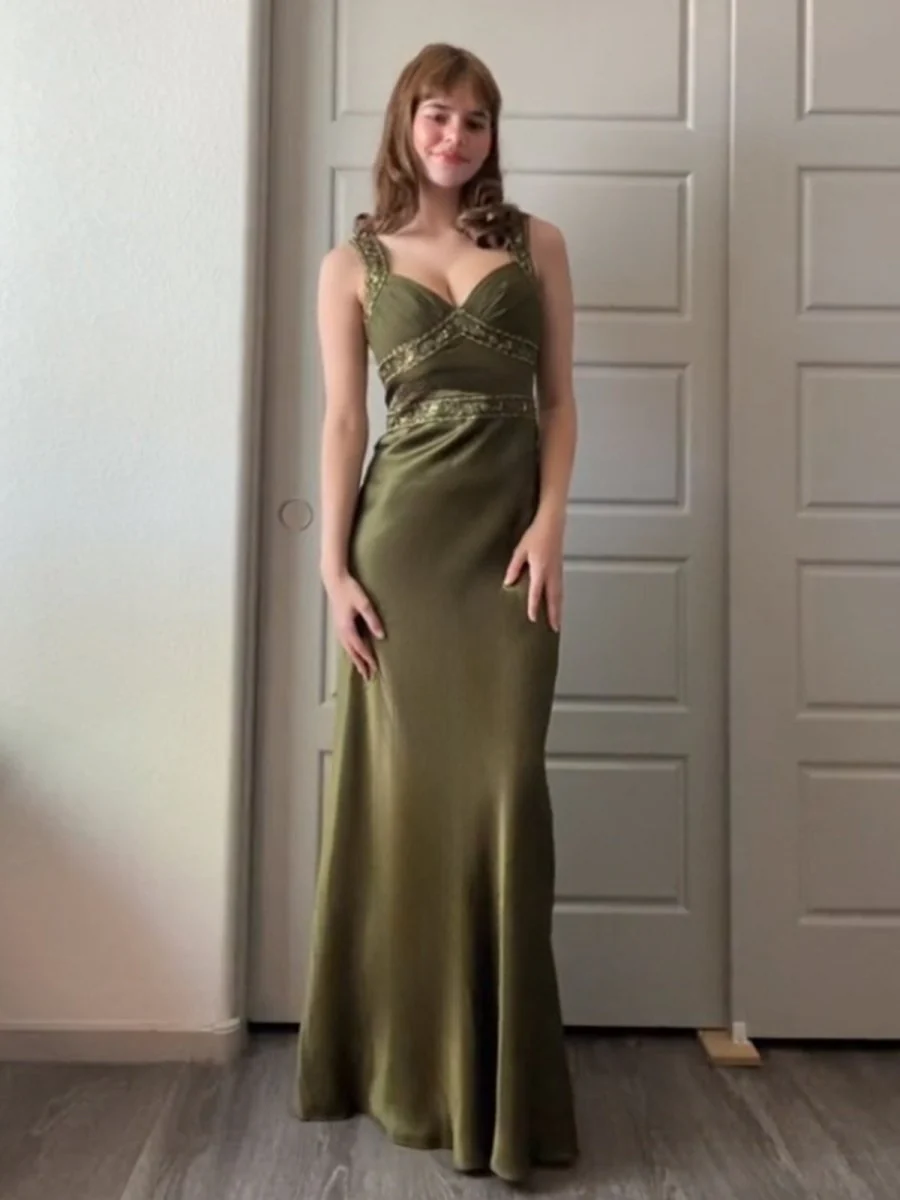 Olive Green Sheath Satin Beaded Long Prom Dresses