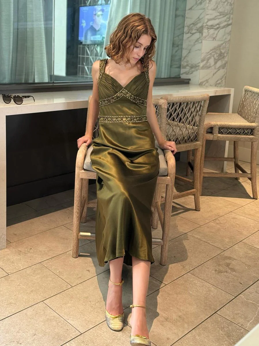 Olive Green Sheath Satin Beaded Long Prom Dresses