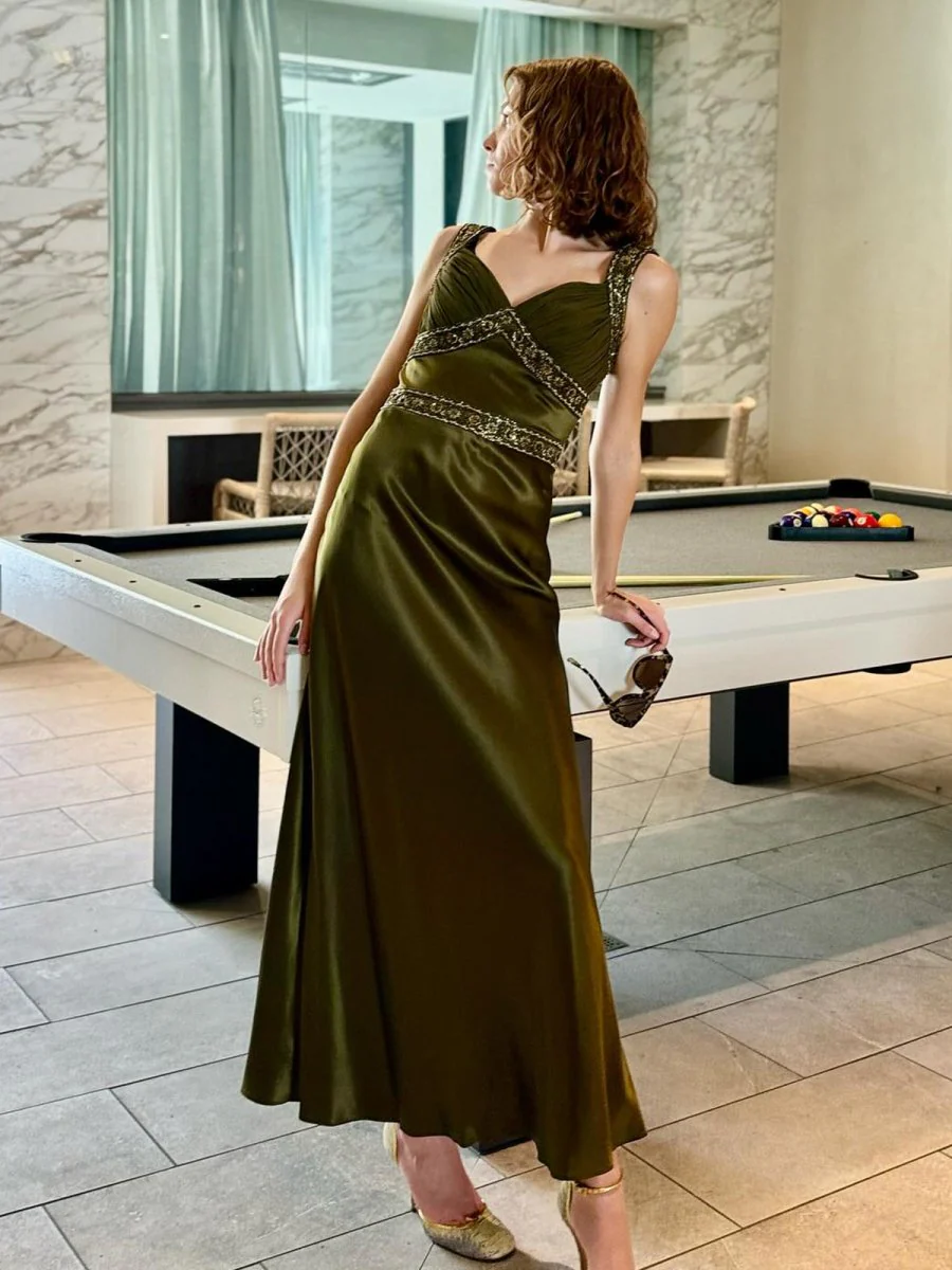 Olive Green Sheath Satin Beaded Long Prom Dresses