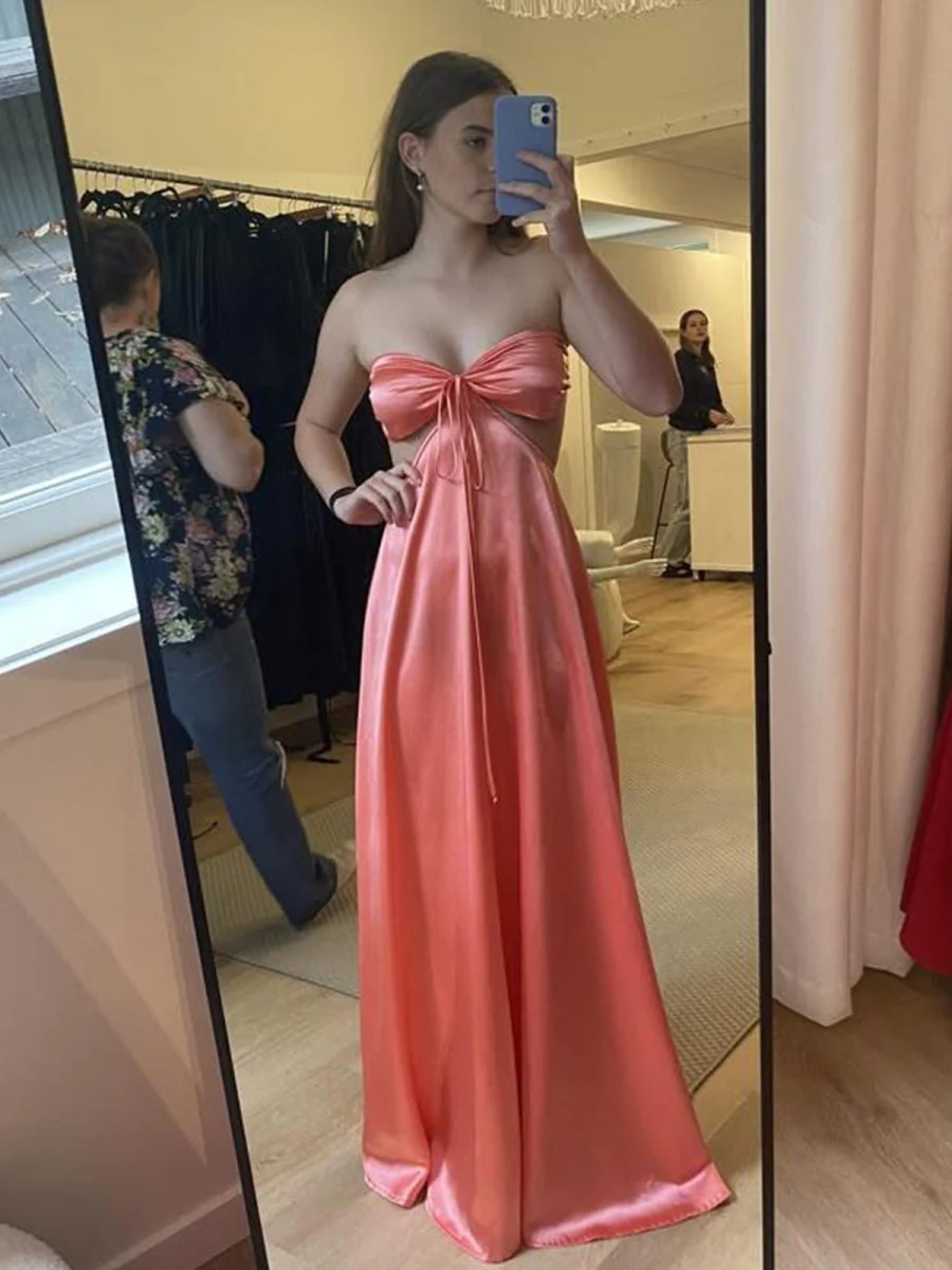PInk Strapless Back Tie Satin A-line Prom Dress